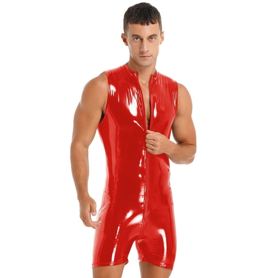 YONGHS Men's One Piece Wetlook Faux Leather Sleeveless Front Zipper Leotard Bodysuit Catsuit Red 3XL