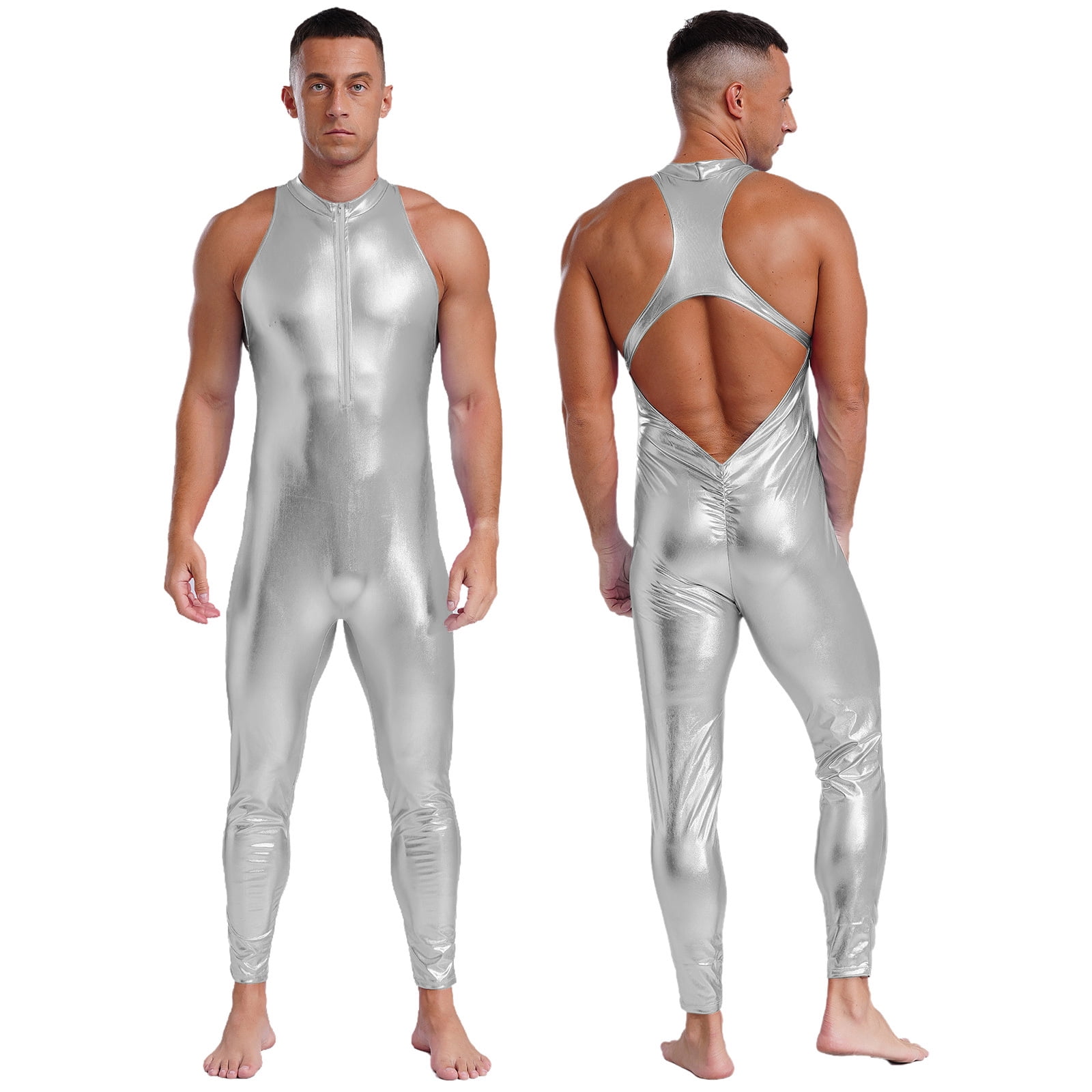 YONGHS Men's Shiny Metallic Backless Bodysuits Unitard Sleeveless ...
