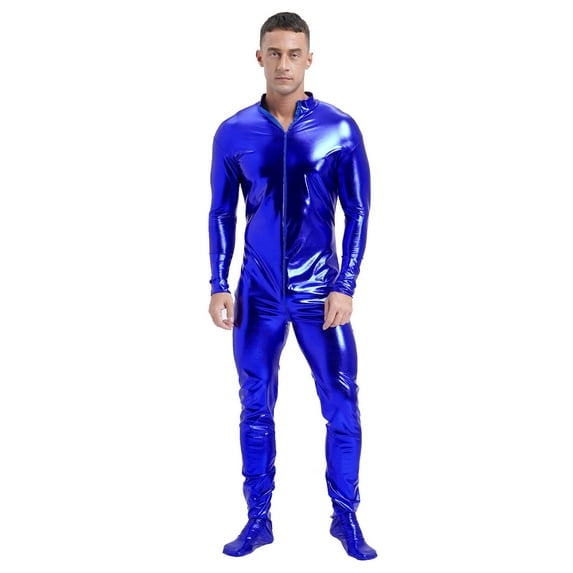 YONGHS Men’s Shiny Metallic Unitard Holographic One-Piece Bodysuits Wet Look Stretchy Catsuits Blue L