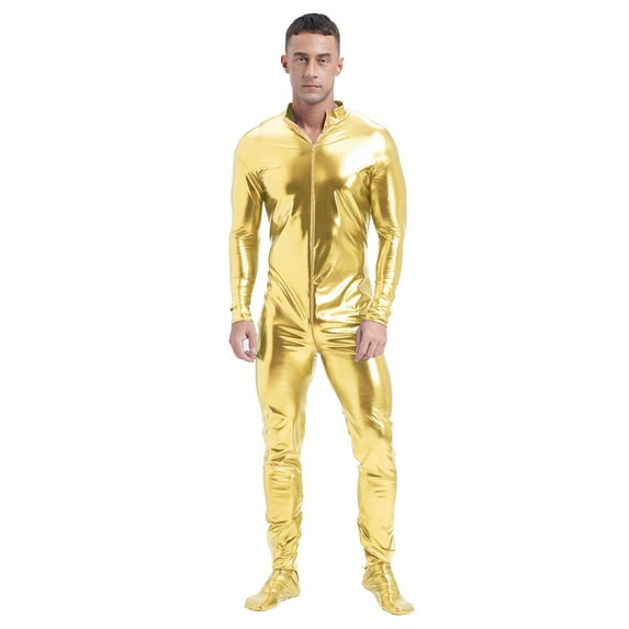 YONGHS Men’s Shiny Metallic Unitard Holographic One-Piece Bodysuits Wet Look Stretchy Catsuits Gold 3XL
