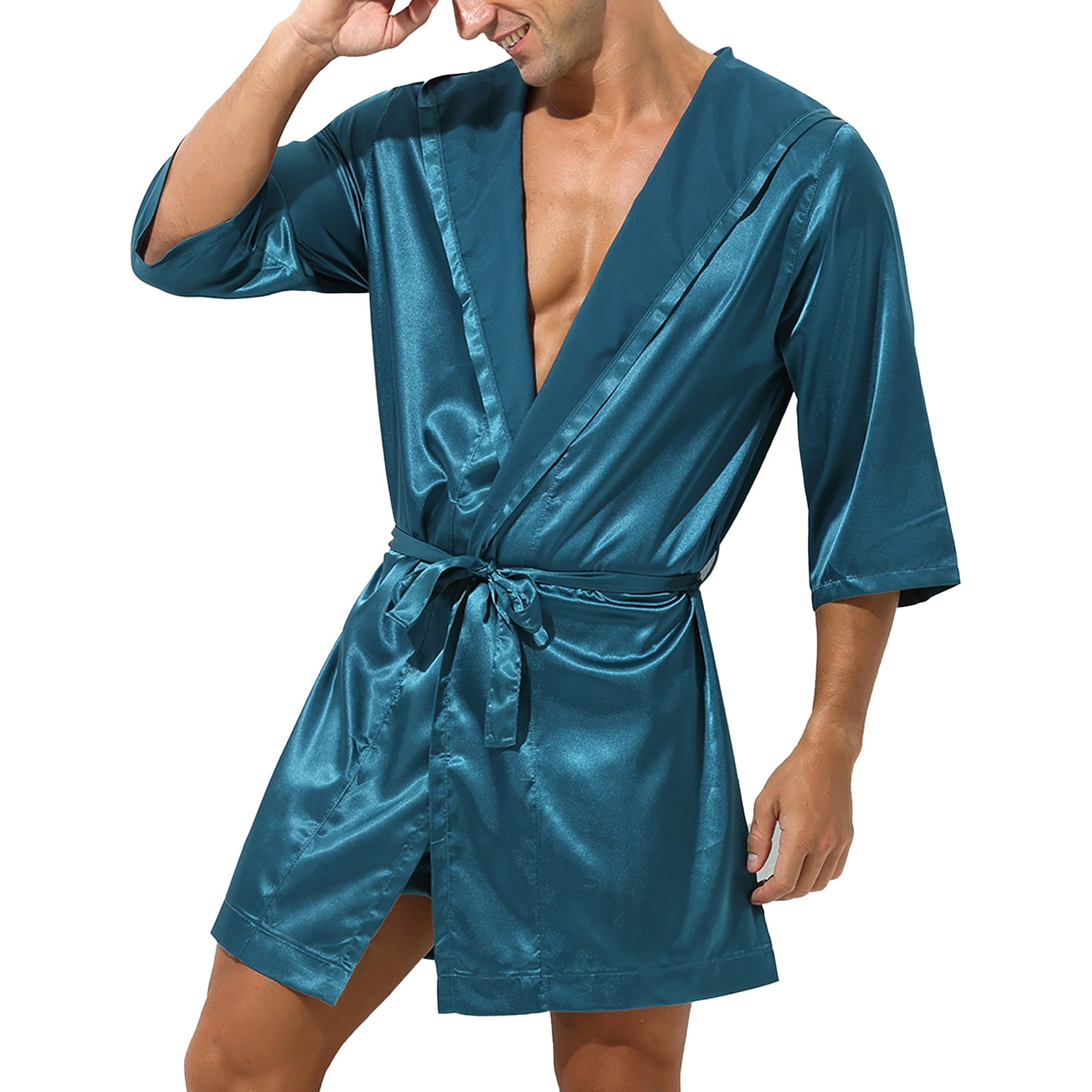 YONGHS Men's Shiny Silk Satin Bathrobes Open Front Belted Short