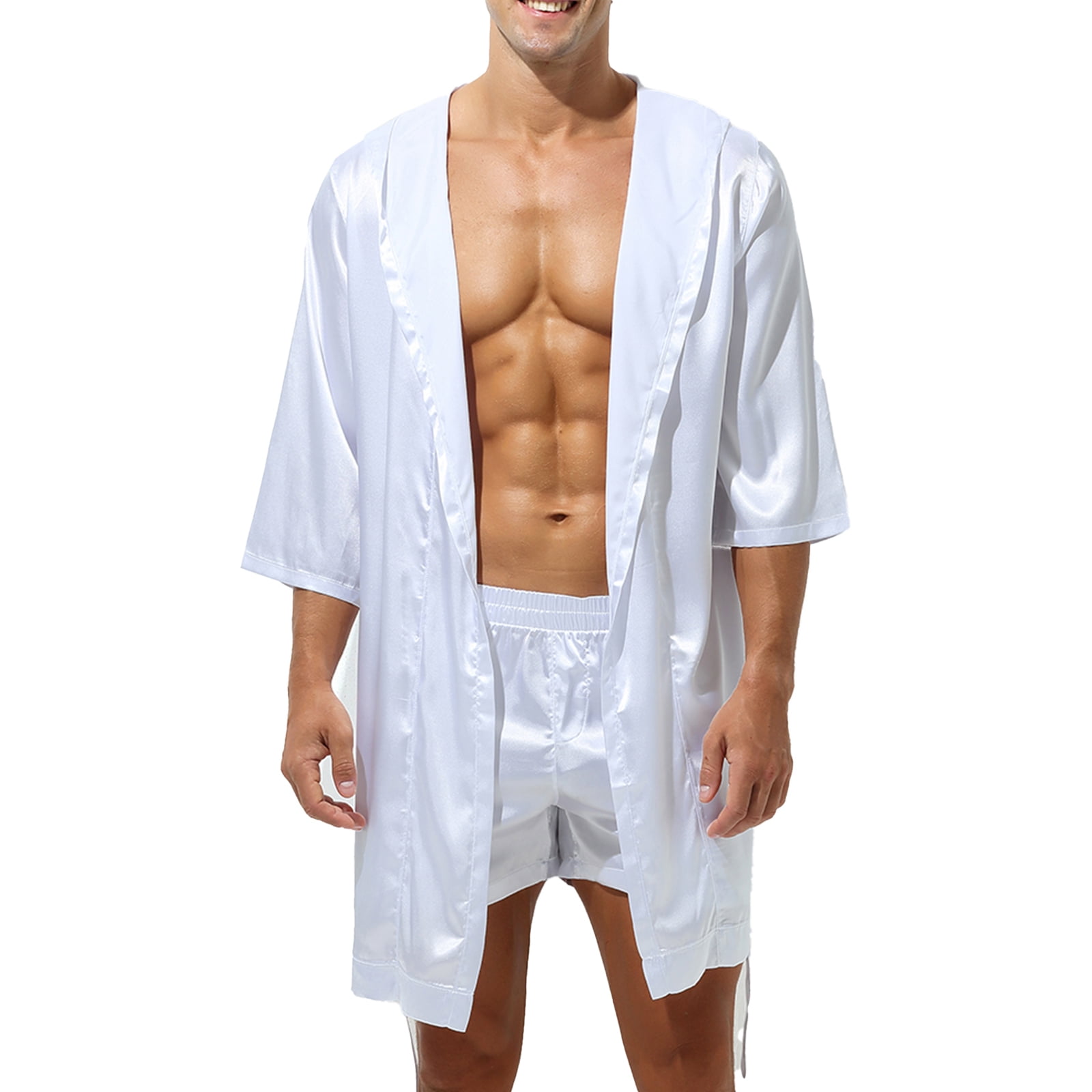YONGHS Men's Shiny Silk Satin Bathrobes Open Front Belted Short
