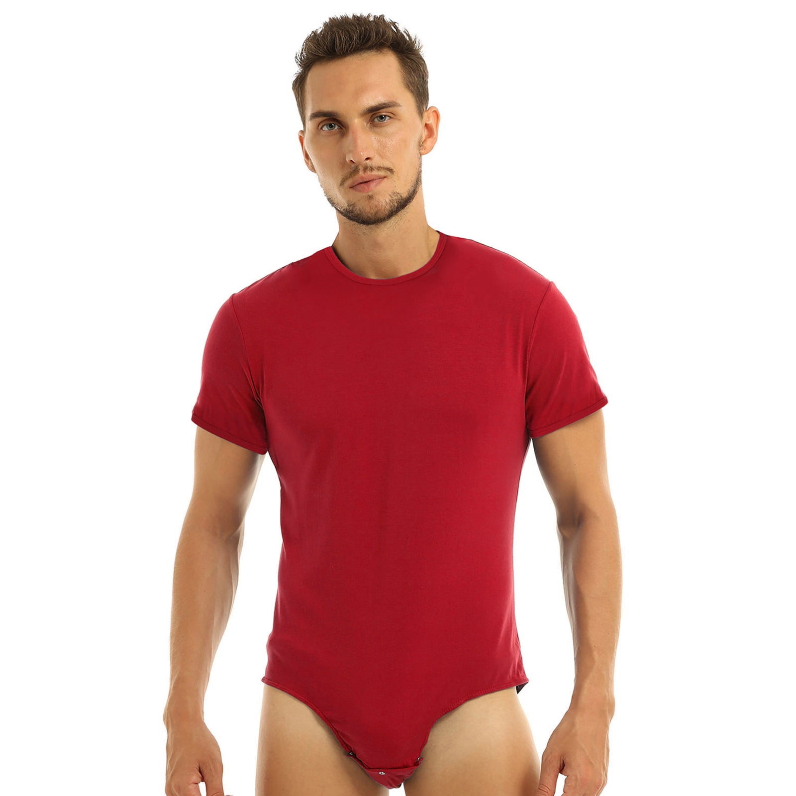 YONGHS Men's Short Sleeve Botton Crotch Thong Leotard T-shirt Bodysuit  Gymnastics Sportswear Nightwear Red XXL 