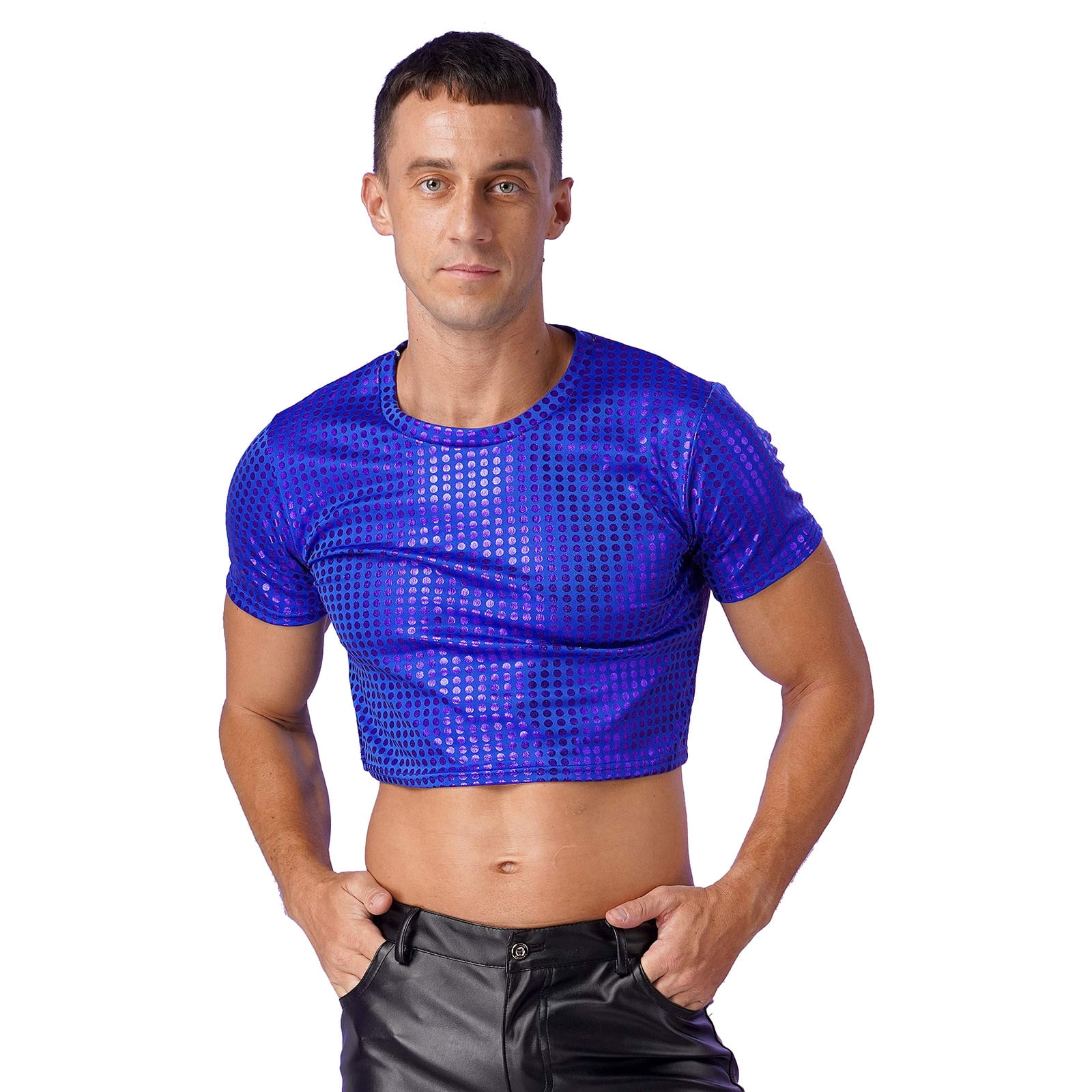 YONGHS Men s Sparkly Sequins Crop Tops T Shirt Stage Performance Disco Club Party Costume Royal Blue S Walmart
