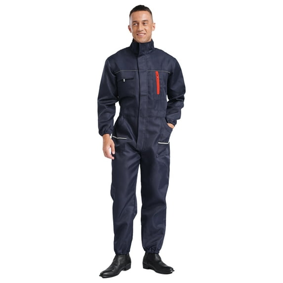 YONGHS Men's Workwear Coveralls Work Mechanic Jumpsuits Long Sleeve Zipper Overalls with Pockets Navy Blue 190/4XL