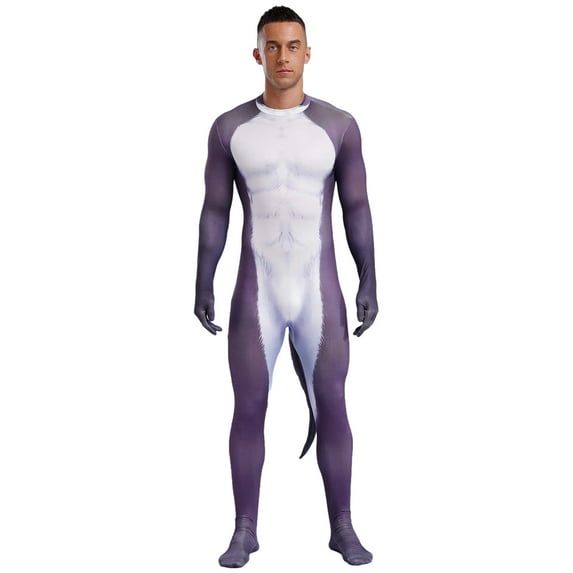 YONGHS Men's Zentai Werewolf Bodysuit Animal Print Cosplay Catsuit Spandex Full Body Jumpsuit with Tails Type J M
