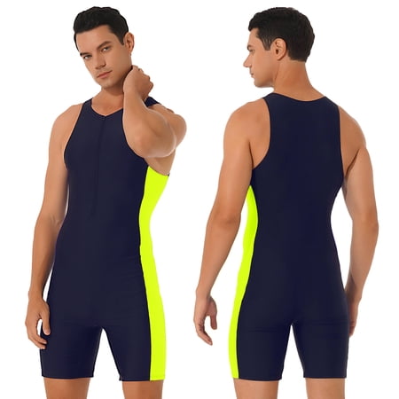 YONGHS Mens Gymnastic Racerback Unitard Workout Sports Athletic Bodysuit Swimsuit Swimwear Navy Blue&Fluorescent_Green XL