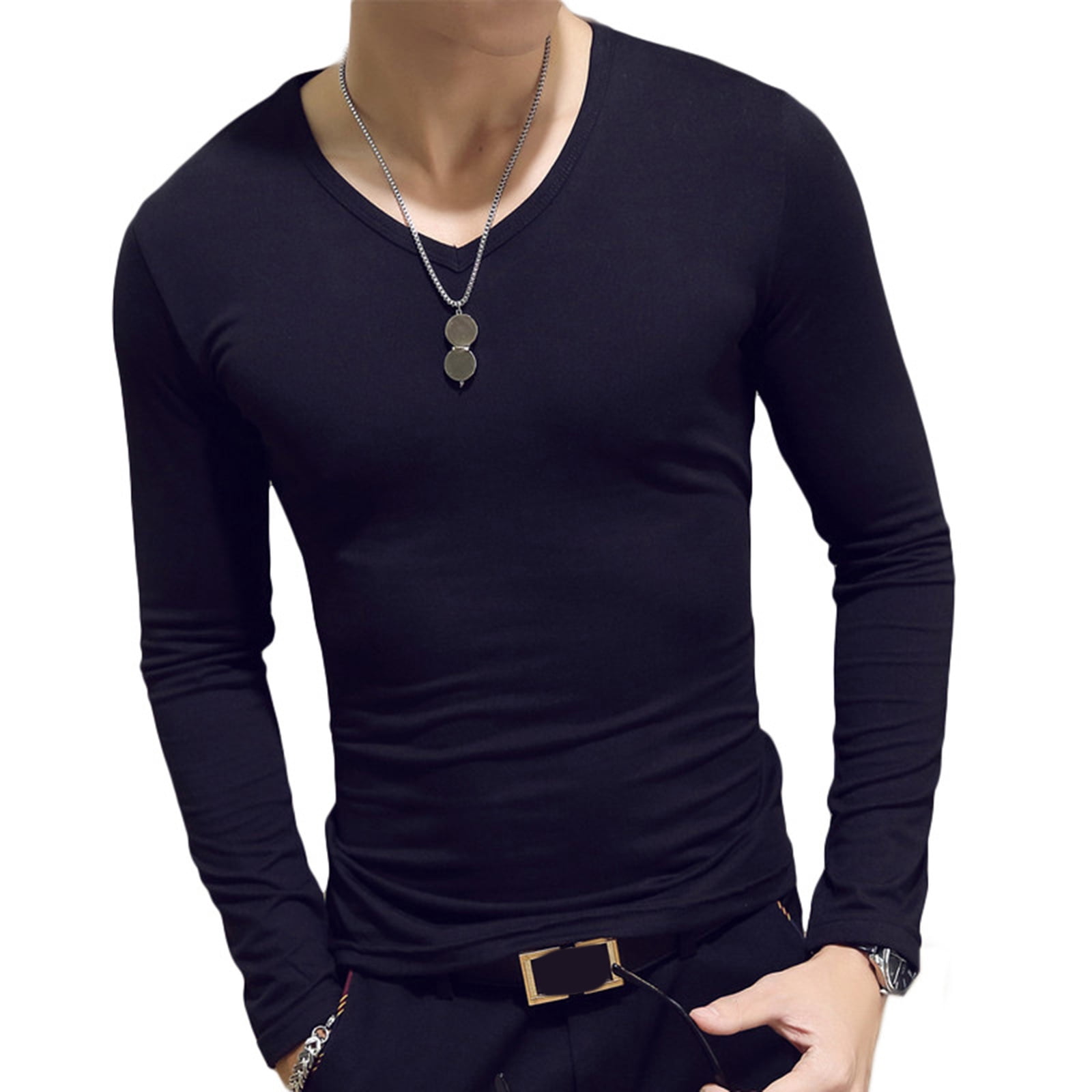 YONGHS Mens Muscle Gym Workout Athletic Shirt V Neck Long Sleeve
