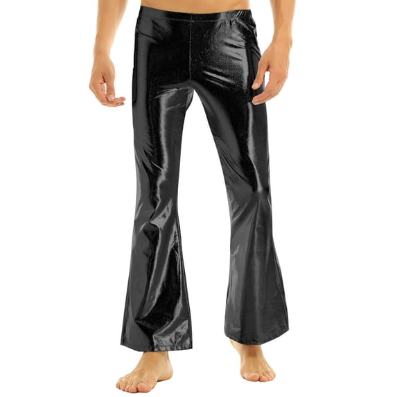 YONGHS Mens Shiny Metallic Meggings Leggings Halloween Costume Disco Festival Bell Bottom Flared Long Pants Black L