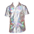 thumbnail image 1 of YONGHS Mens Shiny Metallic T-Shirt Turn-Down Collar Button Shirts Disco Party Wear Nightclub Silver 3XL, 1 of 1