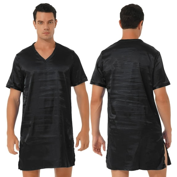 YONGHS Mens Silk Satin Nightshirt Sleepwear Short Sleeve Pajamas Nightgown for Sleeping Black L
