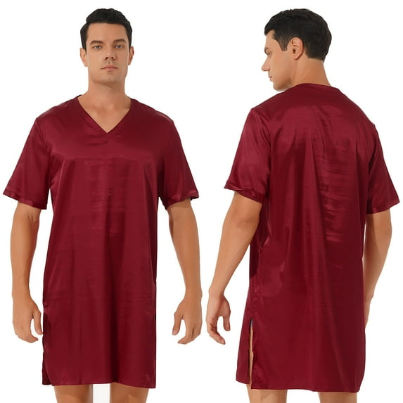 YONGHS Mens Silk Satin Nightshirt Sleepwear Short Sleeve Pajamas Nightgown for Sleeping Burgundy XXL