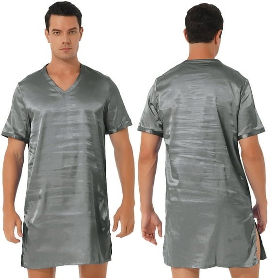 YONGHS Mens Silk Satin Nightshirt Sleepwear Short Sleeve Pajamas Nightgown for Sleeping Grey XL