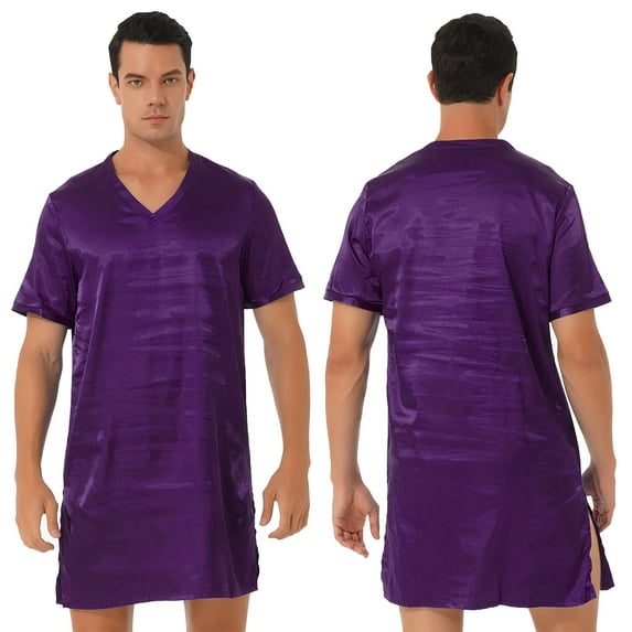 YONGHS Mens Silk Satin Nightshirt Sleepwear Short Sleeve Pajamas Nightgown for Sleeping Purple XL
