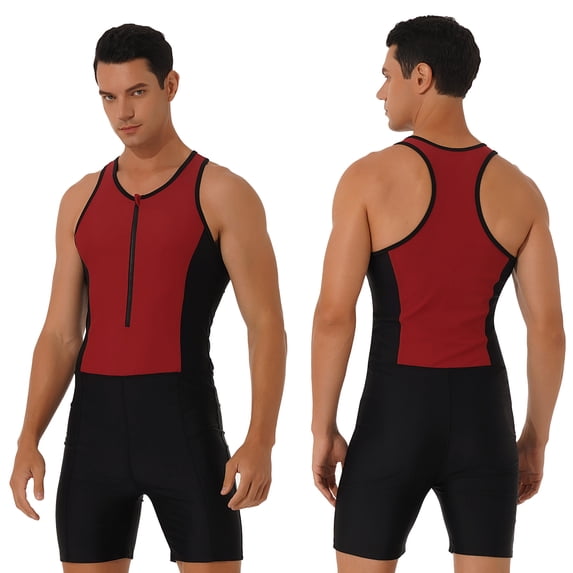 YONGHS Mens Sleeveless Jumpsuit Swimming Bathing Suit Bodysuit Wetsuit M-3XL A Red L
