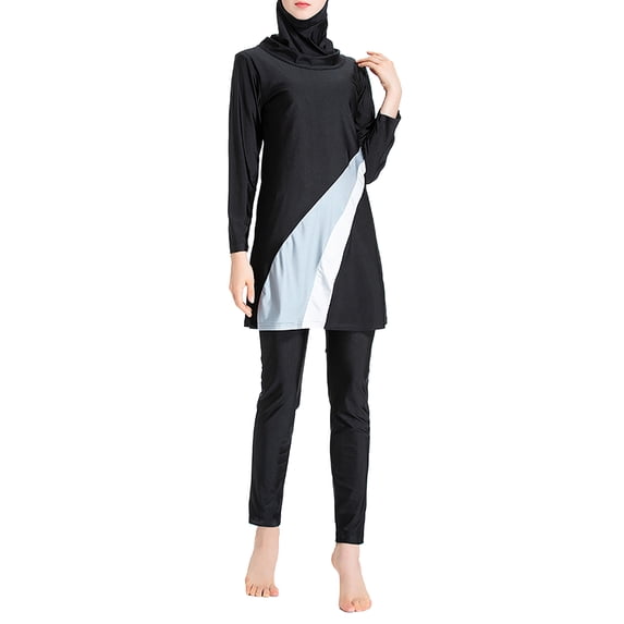 YONGHS Muslim Swimsuits for Women 3 Pieces Modest Islamic Burkini Bathing Suit Rash Guard Set Grey&Black M