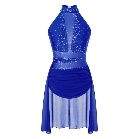 YONGHS Shiny Rhinesstone Lyrical Dance Dress for Women Halter Neck Mesh Ballet Dance Leotard Blue S