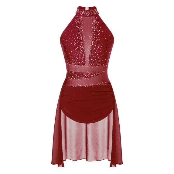 YONGHS Shiny Rhinesstone Lyrical Dance Dress for Women Halter Neck Mesh Ballet Dance Leotard Burgundy S