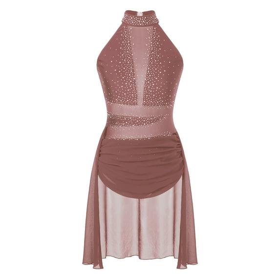 YONGHS Shiny Rhinesstone Lyrical Dance Dress for Women Halter Neck Mesh Ballet Dance Leotard Dusty Pink XL