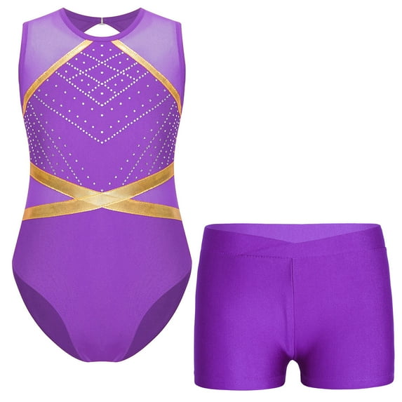 YONGHS Sparkle Gymnastic Leotard for Girls Kids Dance Unitard Tumbling Biketard with Shorts Set Purple 12