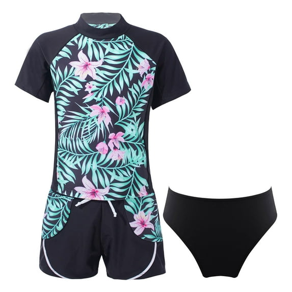 YONGHS Teens Girls Flower Frinted Short Sleeve Top with Briefs Shorts Rash Guard 3 Pcs Swimwear Set Black 8