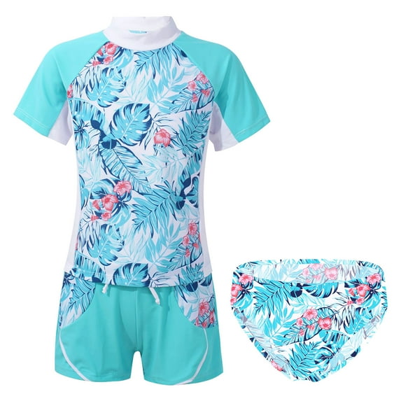 YONGHS Teens Girls Flower Frinted Short Sleeve Top with Briefs Shorts Rash Guard 3 Pcs Swimwear Set Leaf 12