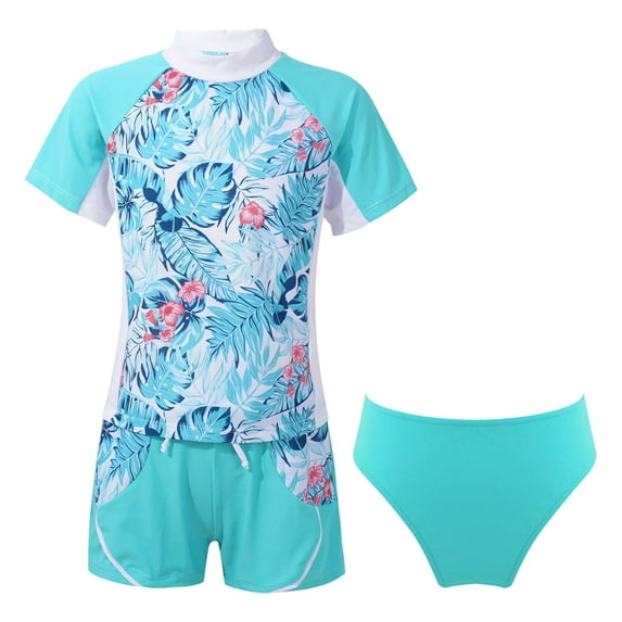 YONGHS Teens Girls Flower Frinted Short Sleeve Top with Briefs Shorts Rash Guard 3 Pcs Swimwear Set Light Green 16
