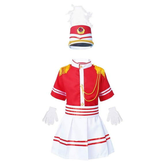 YONGHS Unisex Girls Boys Marching Band Costume Uniform Sets Jacket Pants Mini Skirt Gloves Hat Outfit Red D 5-6