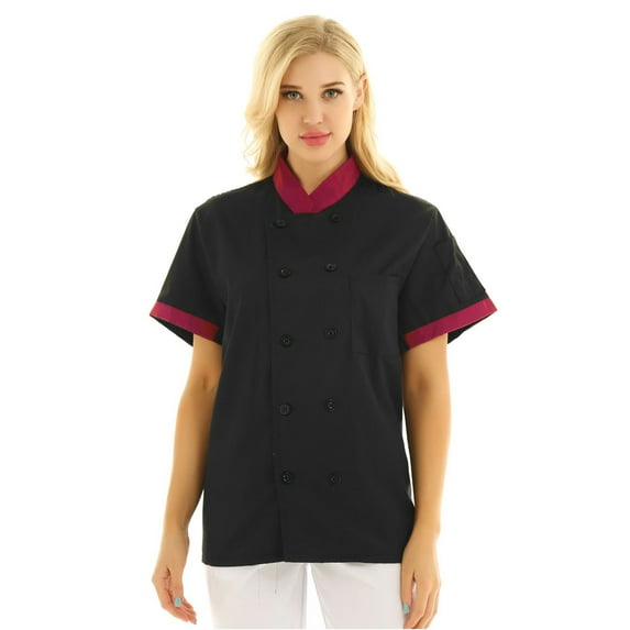 YONGHS Unisex Men Women Short Sleeves Hotel Kitchen Chef Jacket Restaurant Uniform Workwear Black-A XXL