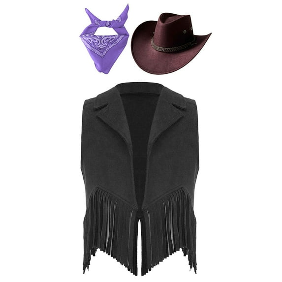 YONGHS Western Cowgirl Cowboy Outfit Kids Sleeveless Jacket Vest with Hat Bandana Cosplay Outfit Black&Purple 12