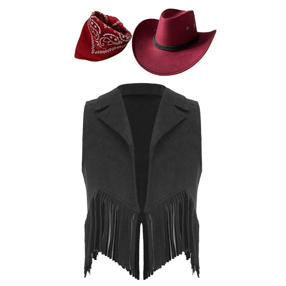 YONGHS Western Cowgirl Cowboy Outfit Kids Sleeveless Jacket Vest with Hat Bandana Cosplay Outfit Black&Red 12