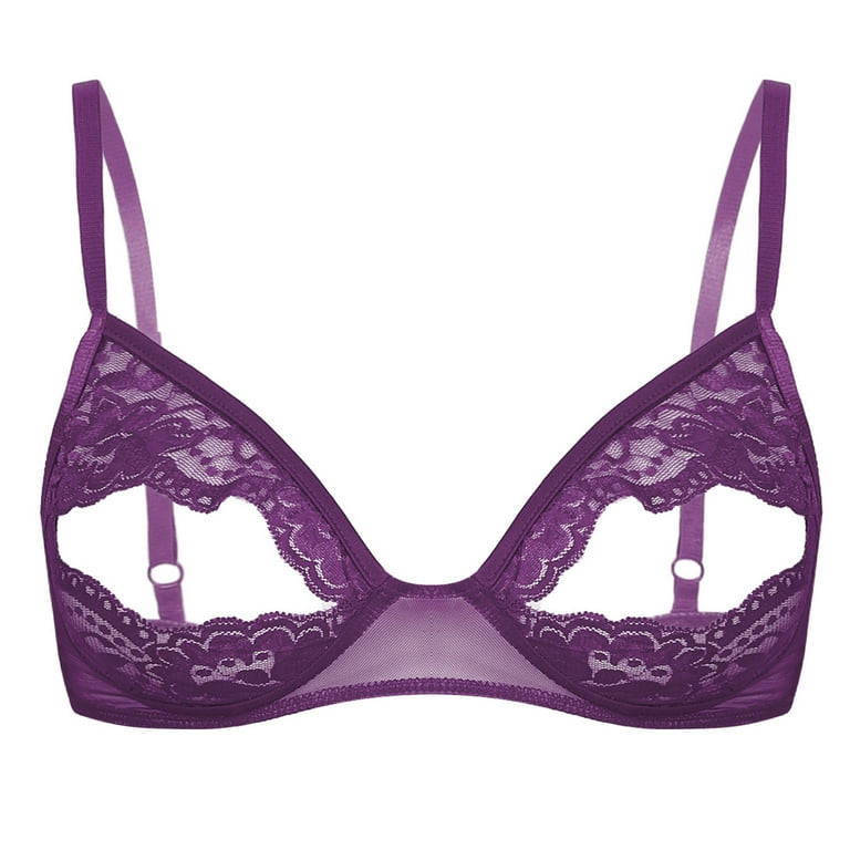 YONGHS Woman Lace Sheer Open Tip Nipples Wire-free Triangle Unlined Bra  Hollow Out Cage Bralette Purple M