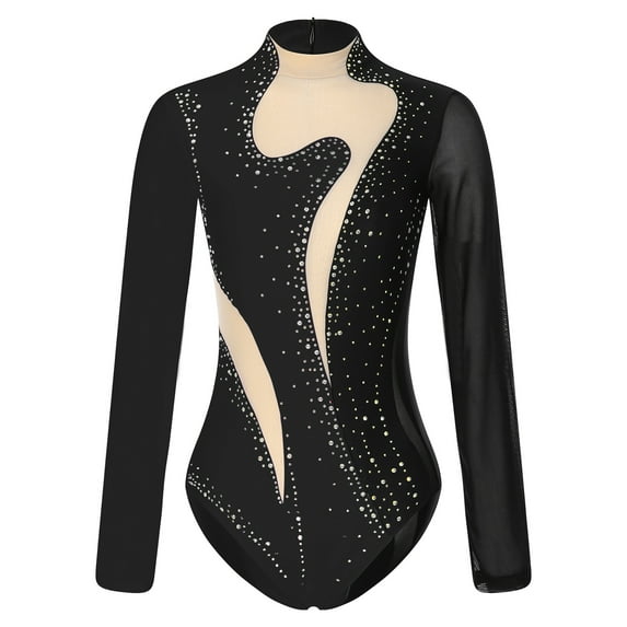 YONGHS Women Ballet Dance Leotard Turtleneck Long Sleeve Gymnastics Bodysuit Tops Black L