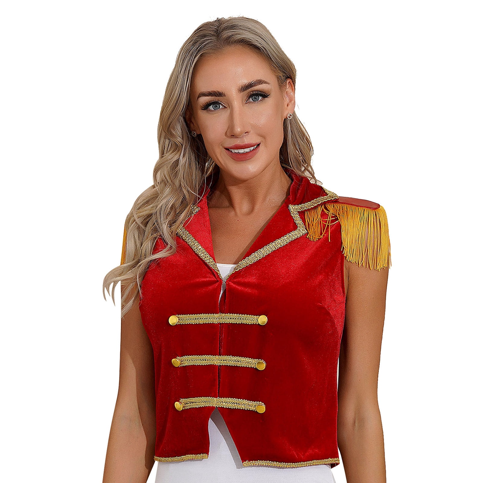 YONGHS Women Circus Ringmaster Costume Velvet Tassel Waistcoat Vest Top  Outerwear for Halloween Party Red L 