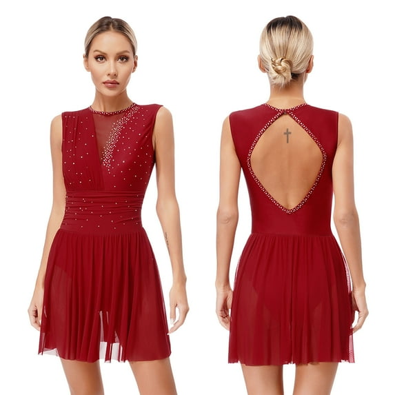 YONGHS Women Glitter Rhinestone Figure Skating Dress Sleeveless Ballet Leotard Dance Costume Burgundy L