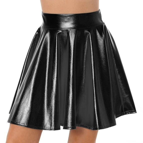 YONGHS Women Glossy Shiny Metallic High Waist Flare Skirt Ruffle A-line Skirts Clubwear Dancewear Black M