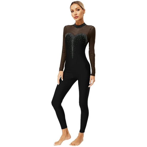 YONGHS Women Gymnastics Unitard Long Sleeve One Piece Ballet Dance Bodysuit Leotard Skating Jumpsuit Black L