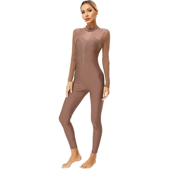 YONGHS Women Gymnastics Unitard Long Sleeve One Piece Ballet Dance Bodysuit Leotard Skating Jumpsuit Dusty Pink L