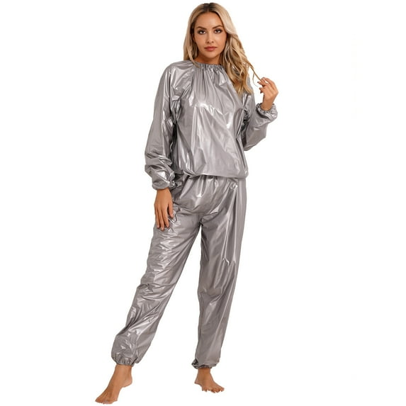 YONGHS Women Heavy Duty Sweat Sauna Training Suit Workout Sweatsuit Anti-Rip Gym Sportwear Grey L