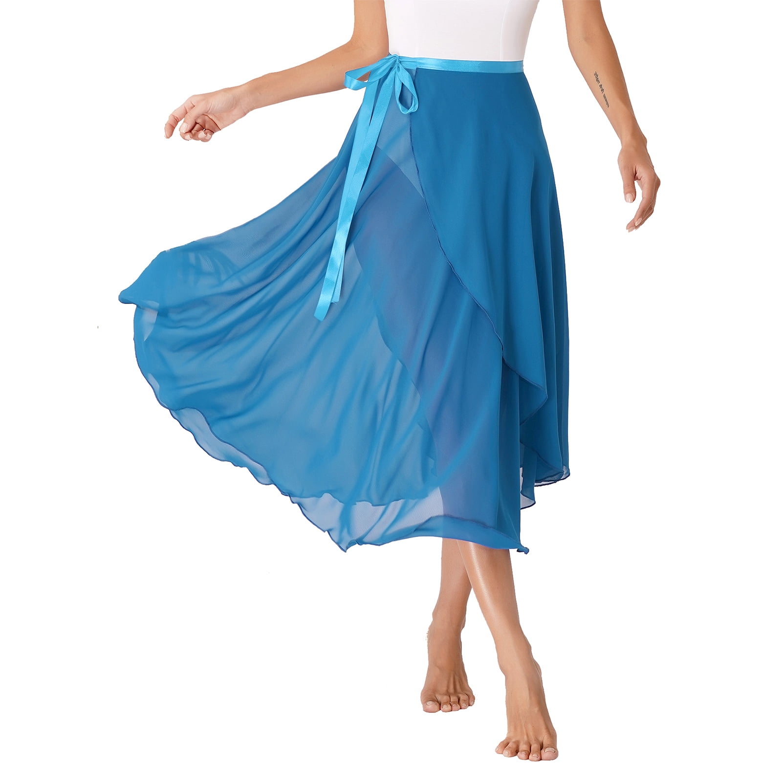 YONGHS Women Long Chiffon Ballet Skirts High Waist Sheer Wrap Midi Skirt Lyrical Dance Costume Lake Blue One Size Walmart