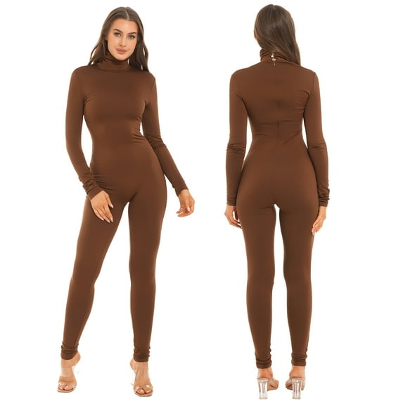 YONGHS Women Long Jumpsuit Gym Yoga Fitness Workout Bodysuit S-XL Brown XL