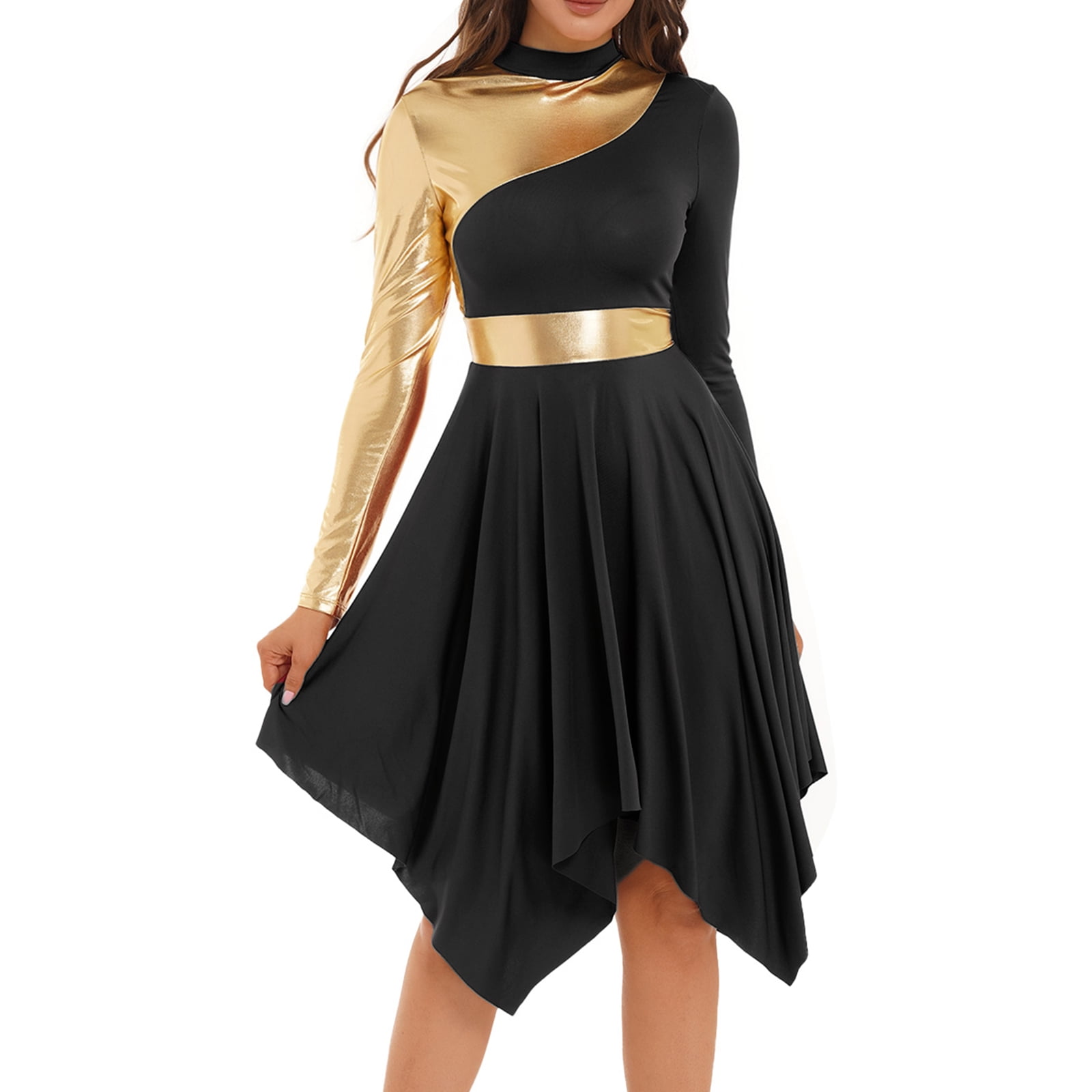 YONGHS Women Long Sleeve Praise Dance Dress Liturgical Metallic Color