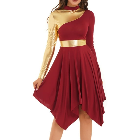 YONGHS Women Long Sleeve Praise Dance Dress Liturgical Metallic Color Block Worship Robe Dresses Burgundy XL