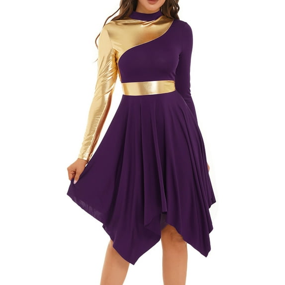 YONGHS Women Long Sleeve Praise Dance Dress Liturgical Metallic Color Block Worship Robe Dresses Dark Purple XL
