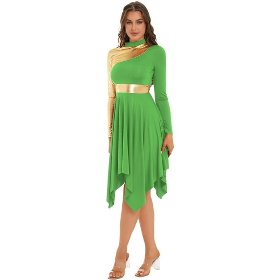 YONGHS Women Long Sleeve Praise Dance Dress Liturgical Metallic Color Block Worship Robe Dresses Light Green L