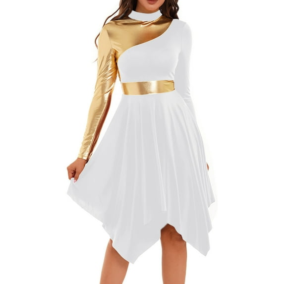 YONGHS Women Long Sleeve Praise Dance Dress Liturgical Metallic Color Block Worship Robe Dresses White M