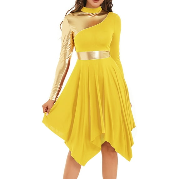 YONGHS Women Long Sleeve Praise Dance Dress Liturgical Metallic Color Block Worship Robe Dresses Yellow M