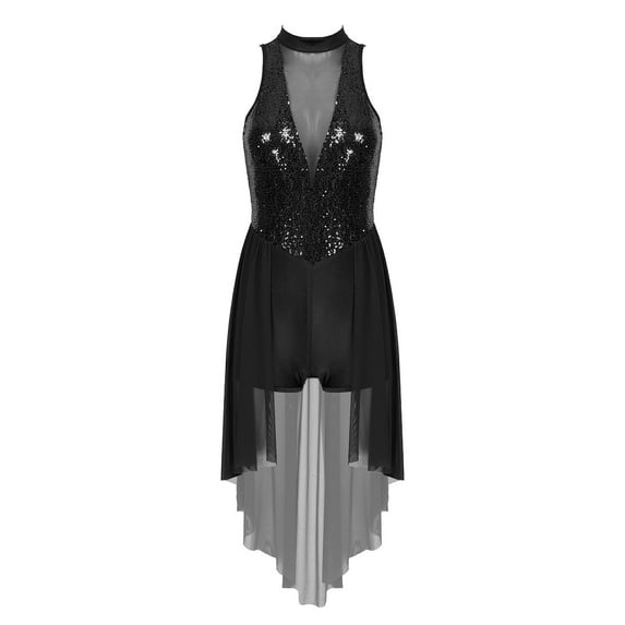 YONGHS Women Lyrical Modern Contemporary Dance Dress Sequins Mesh Skirted Leotard Dancewear Black M