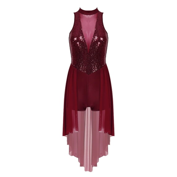 YONGHS Women Lyrical Modern Contemporary Dance Dress Sequins Mesh Skirted Leotard Dancewear Burgundy S