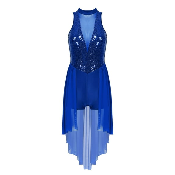 YONGHS Women Lyrical Modern Contemporary Dance Dress Sequins Mesh Skirted Leotard Dancewear Royal_Blue XL
